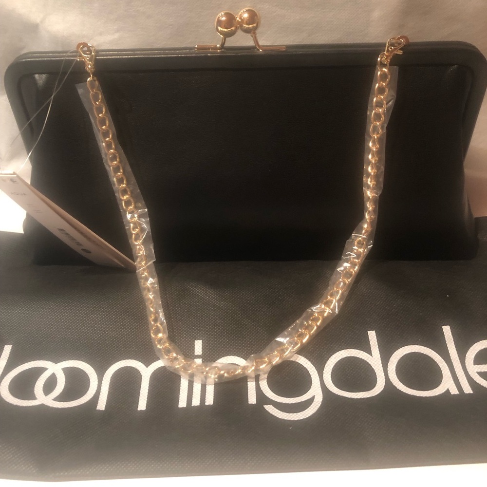 NWT Bloomingdales Aqua Black Leather Snap Clutch with Detachable Gold Chain
